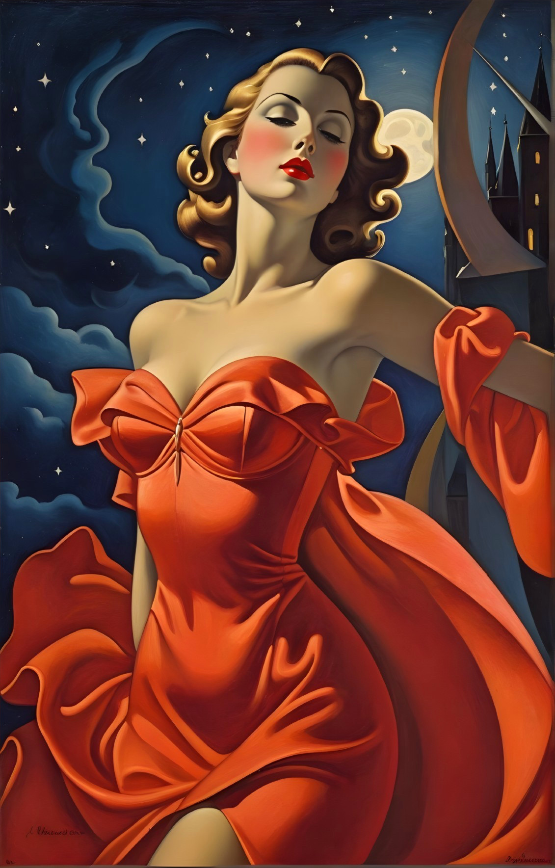 Glamorous Woman in Red Dress Against Moonlit Sky