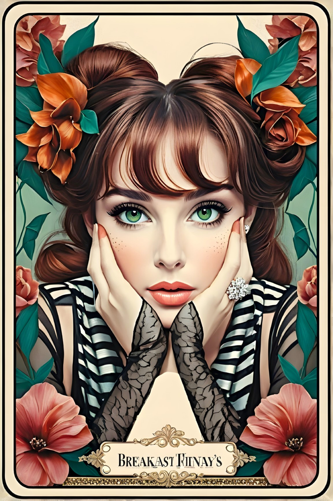 Stylized portrait of a young woman with green eyes
