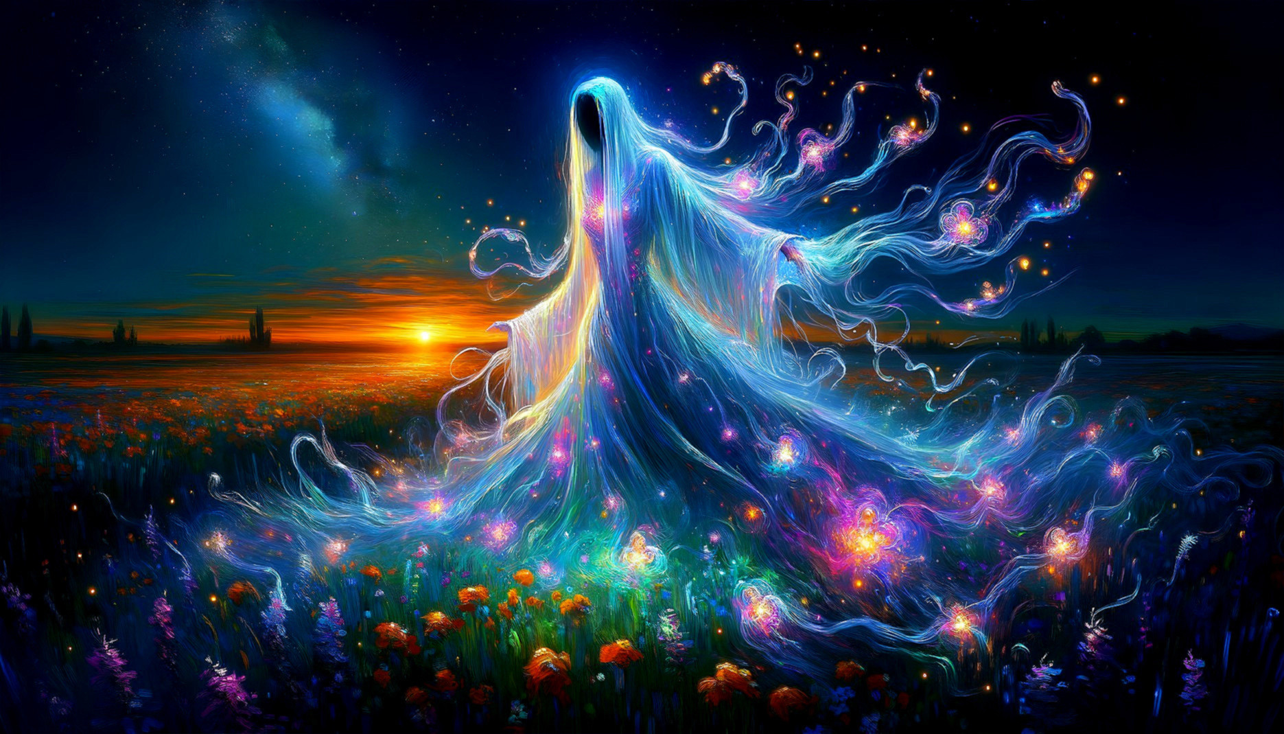 Mystical Figure in Luminescent Fabric at Sunset Field