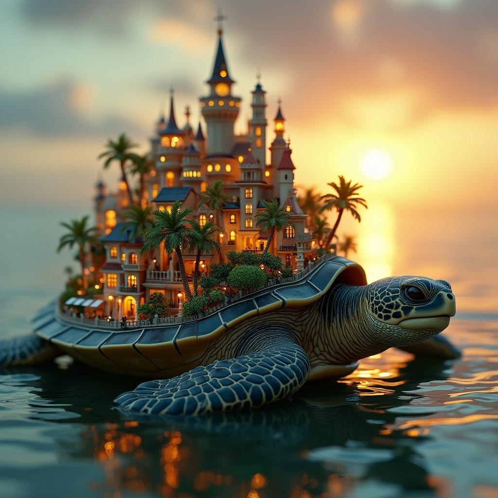 Turtle with Illuminated Castle at Sunset Scene