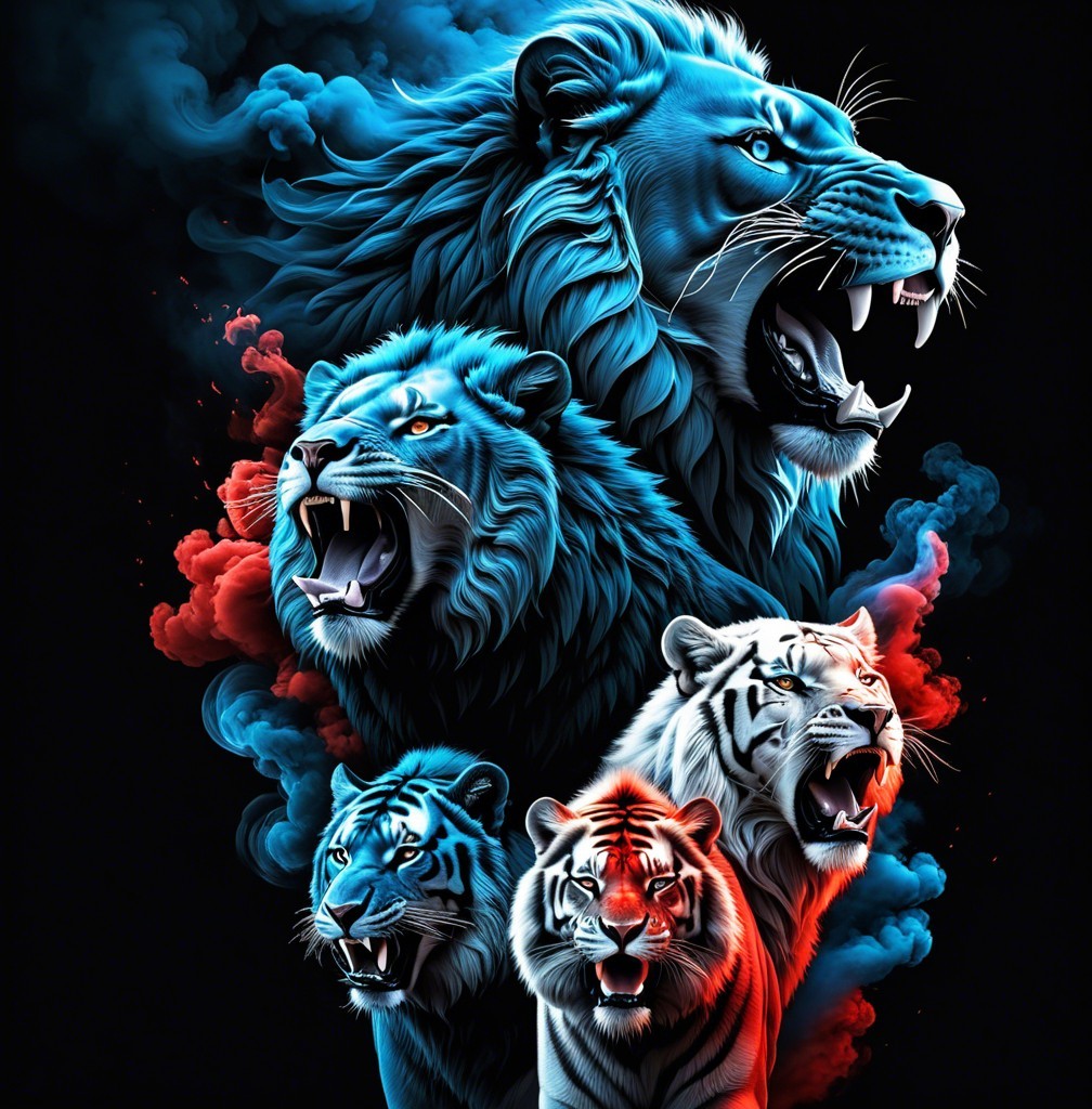 Fierce Lions and Tigers in Vivid Colors and Mist