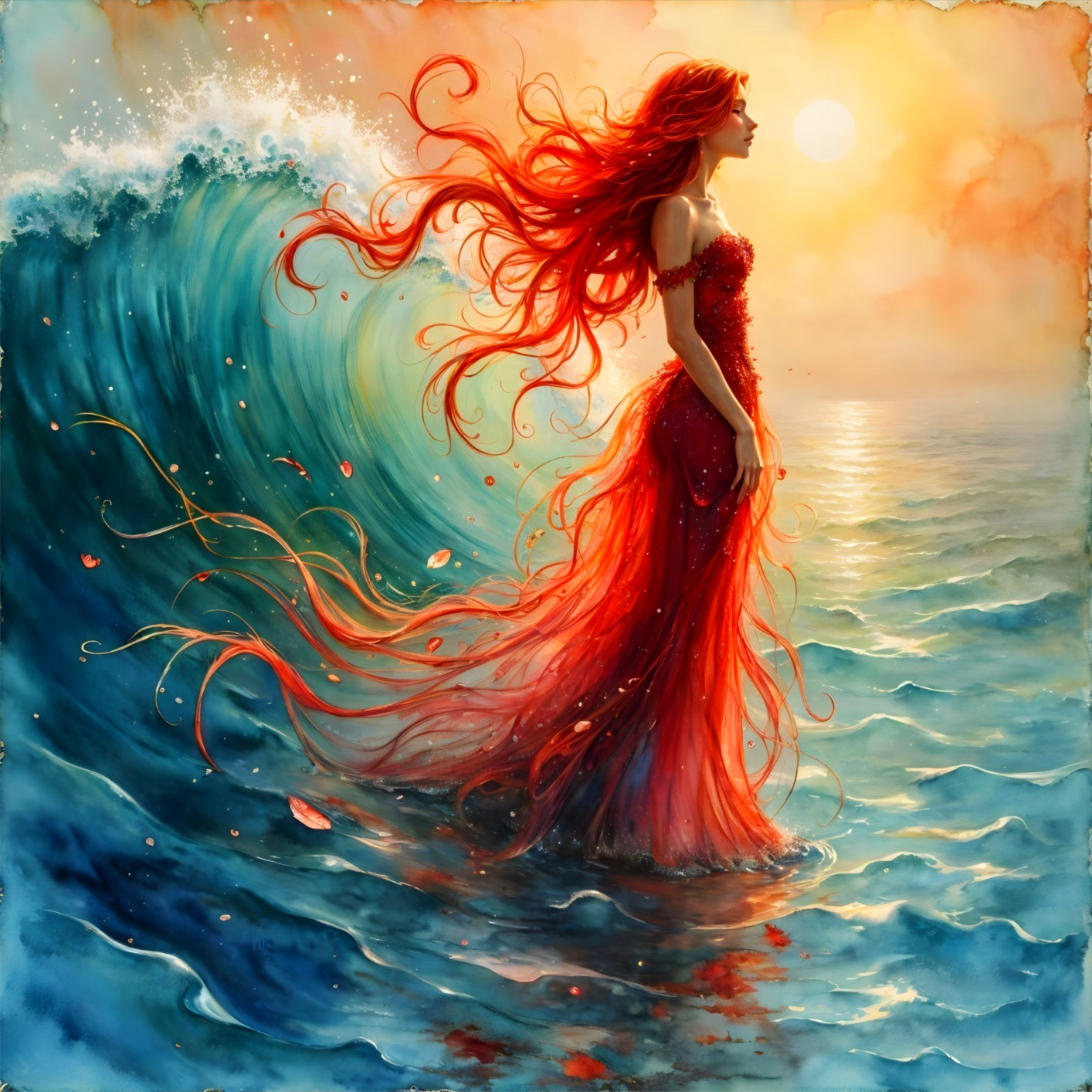 Majestic figure in red gown by shimmering waves