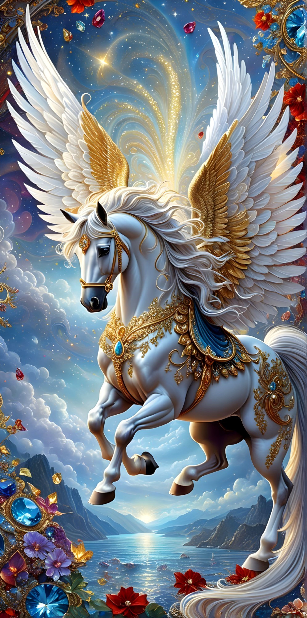 Majestic white pegasus with golden wings in celestial sky