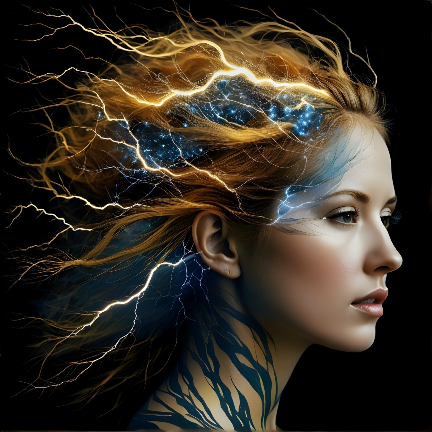 Profile of a woman with cosmic lightning hair