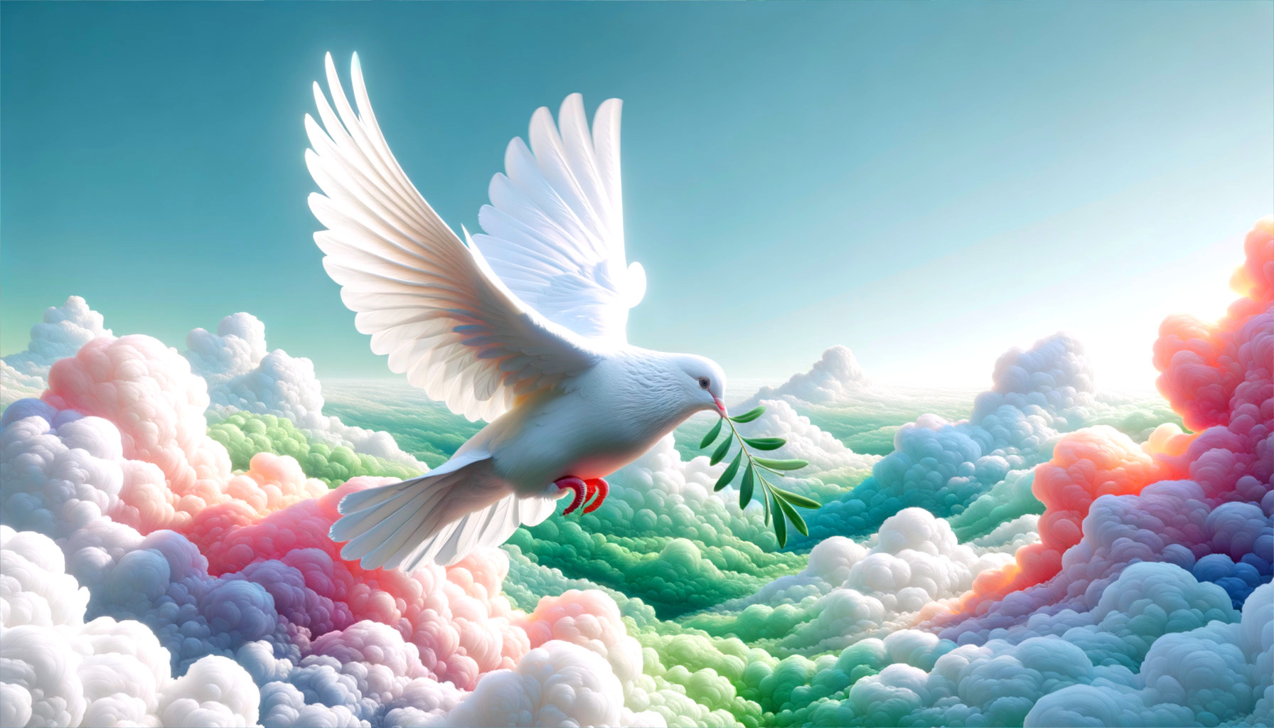 Majestic white dove flying with olive branch in sky