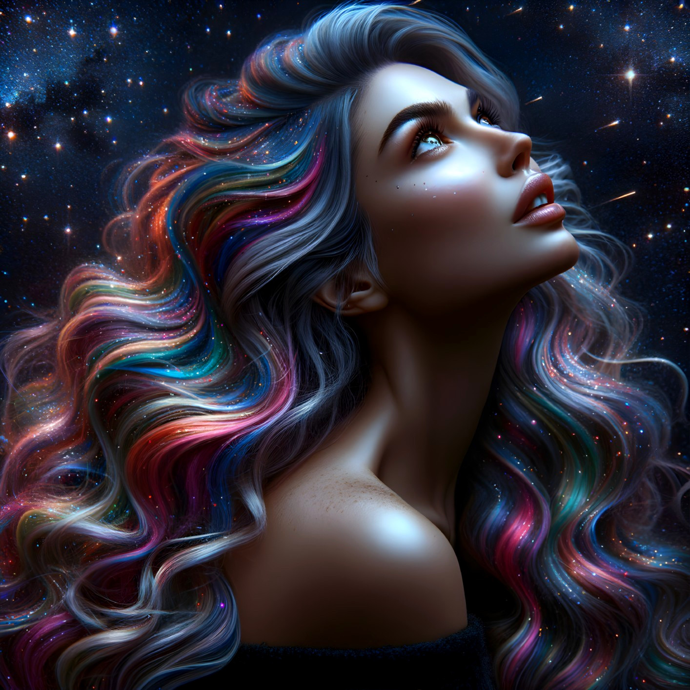 Portrait of a woman with galaxy-inspired hair and stars