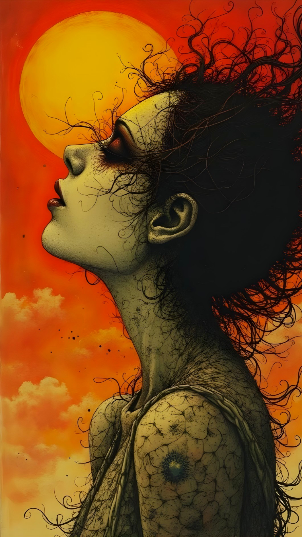 Profile of a woman with flowing hair at sunset