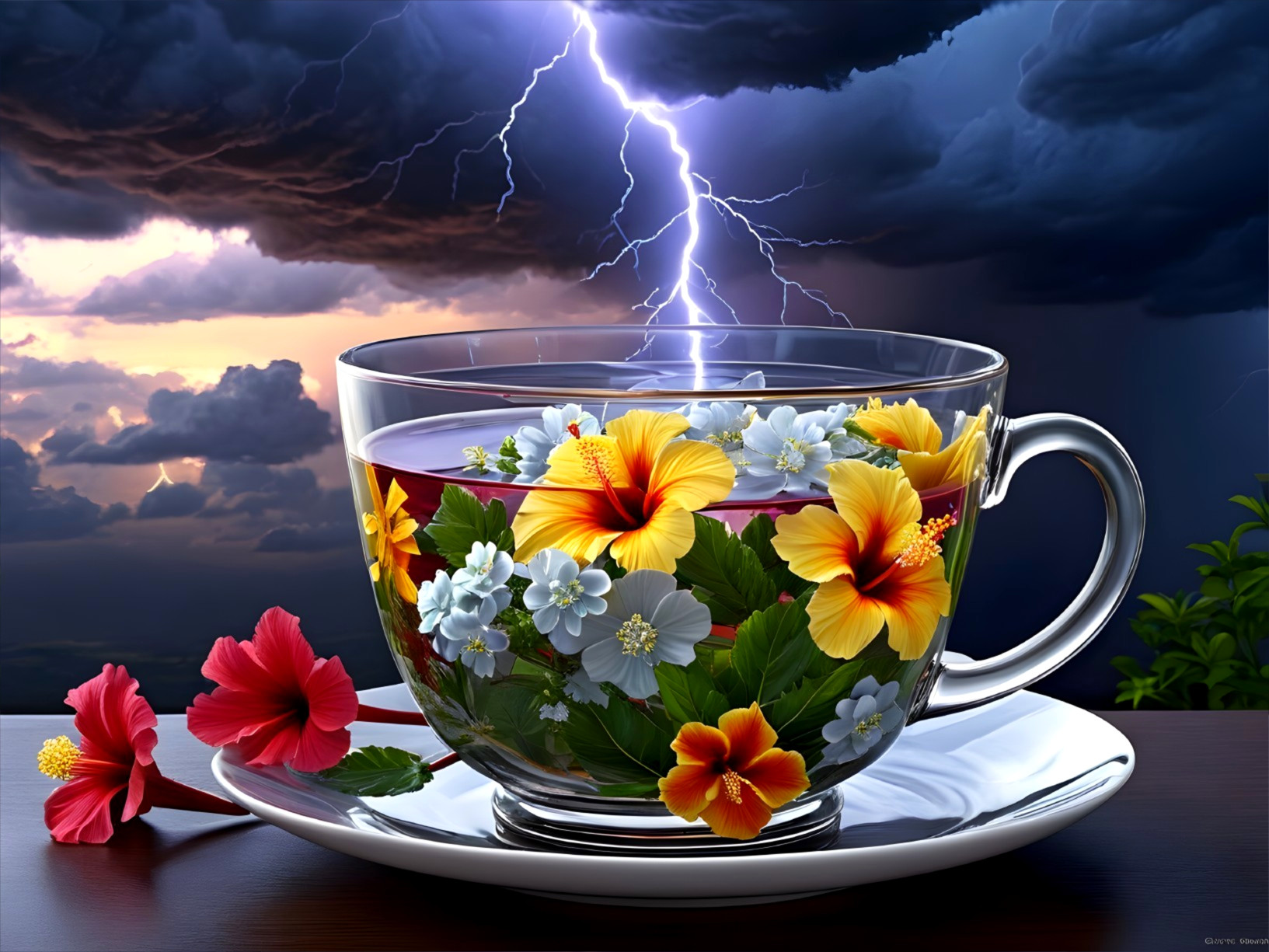 Vibrant Flowers in Glass Cup Against Stormy Sky