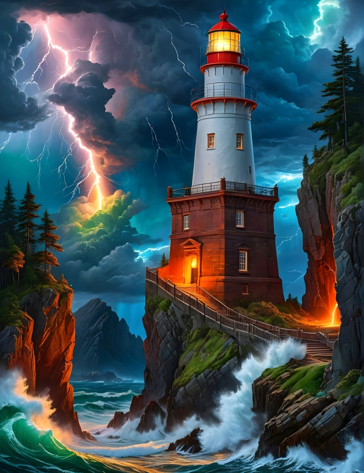 Lighthouse on Cliffs Amidst Stormy Sea and Lightning