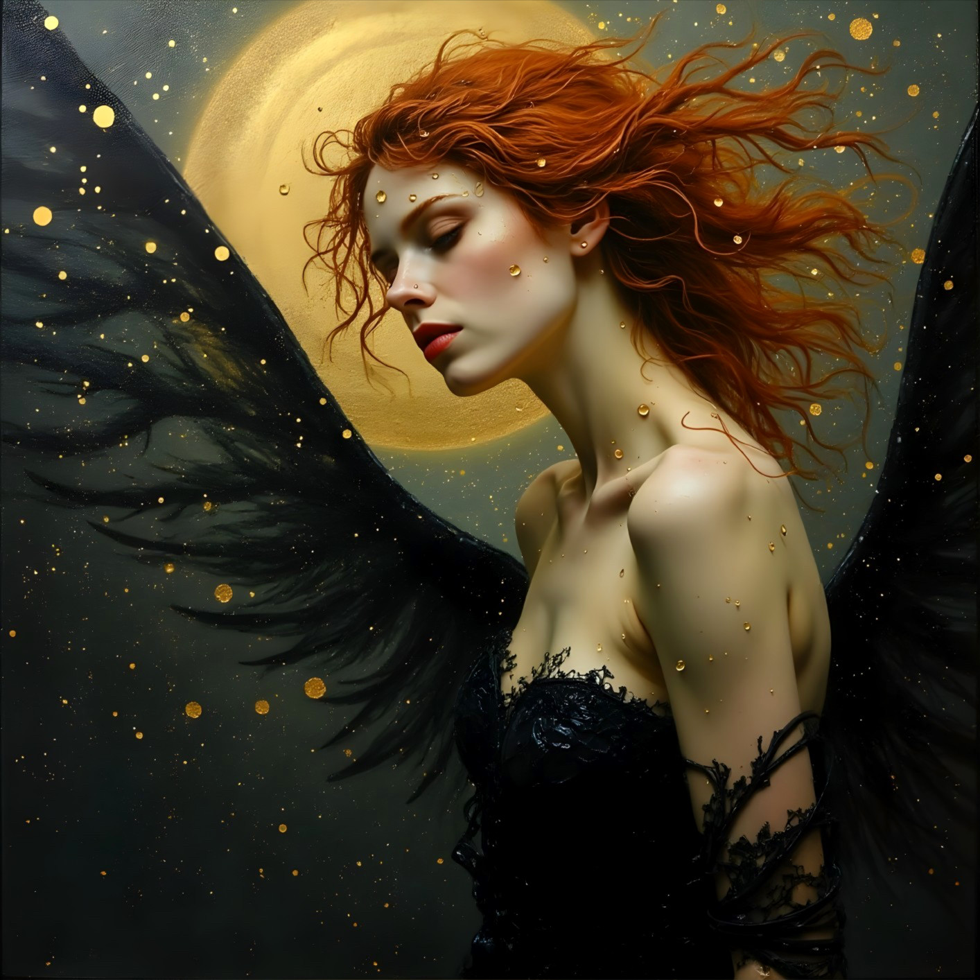 Woman with Red Hair and Black Wings Against Moonlight