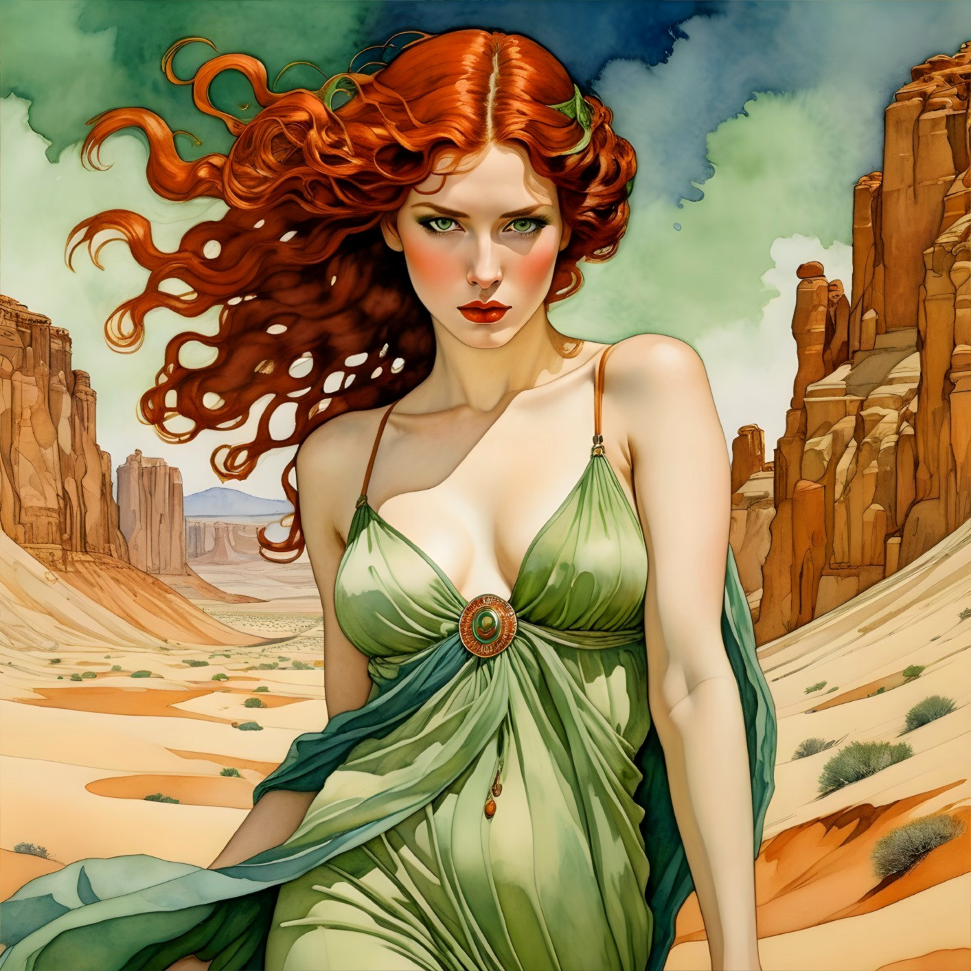 Woman in Green Dress in Desert with Red Hair