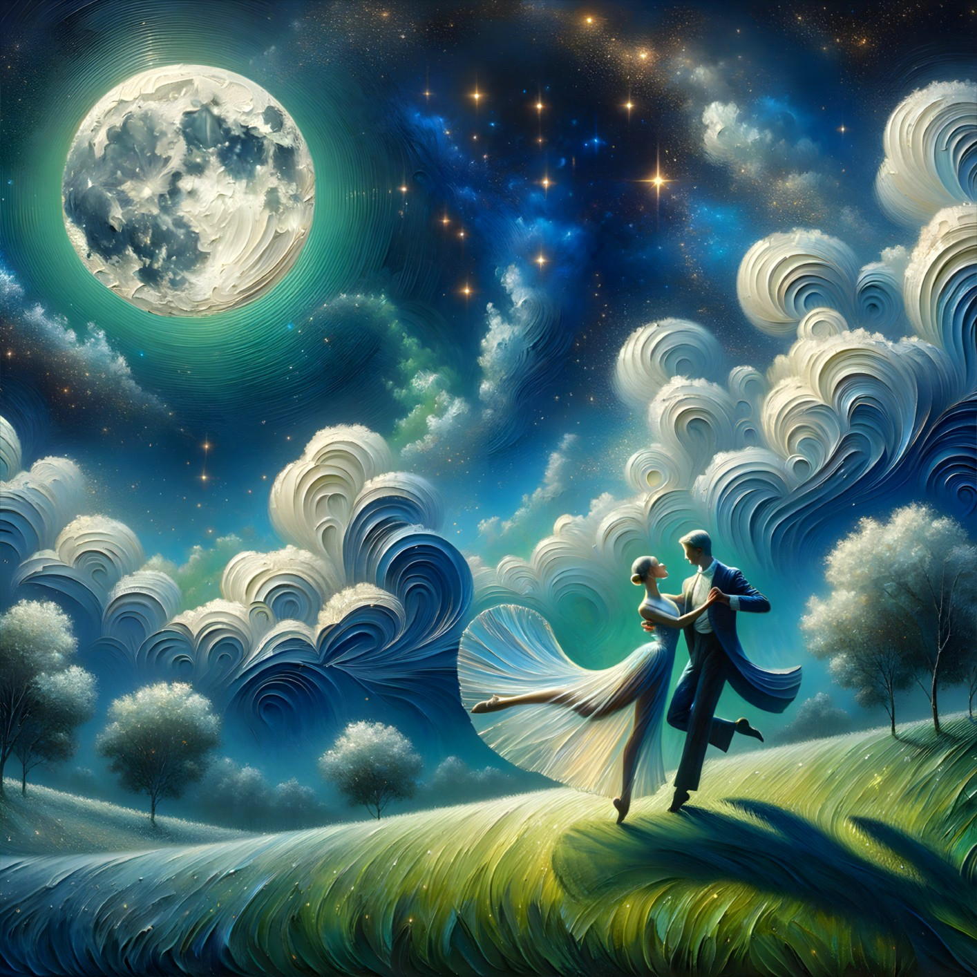 Romantic Dance Under Full Moon and Starry Sky