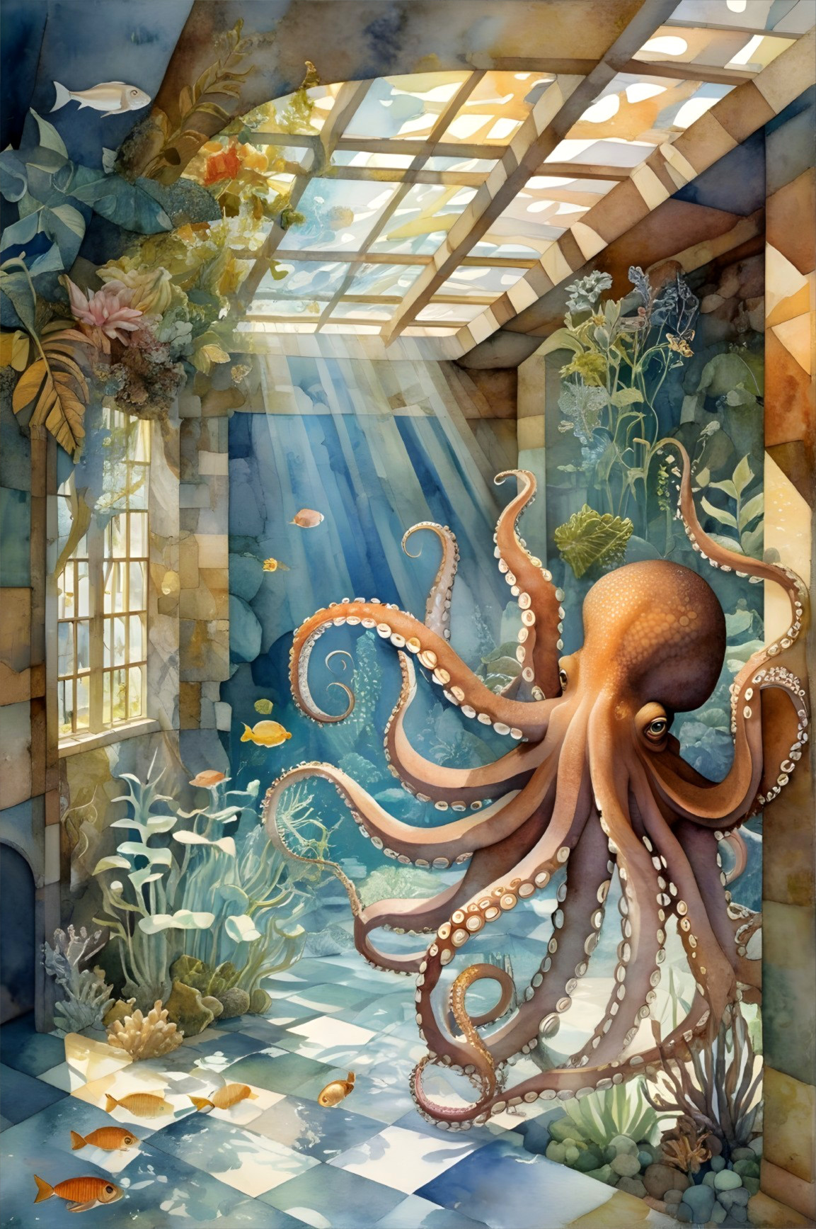 Underwater Scene with Octopus and Marine Life