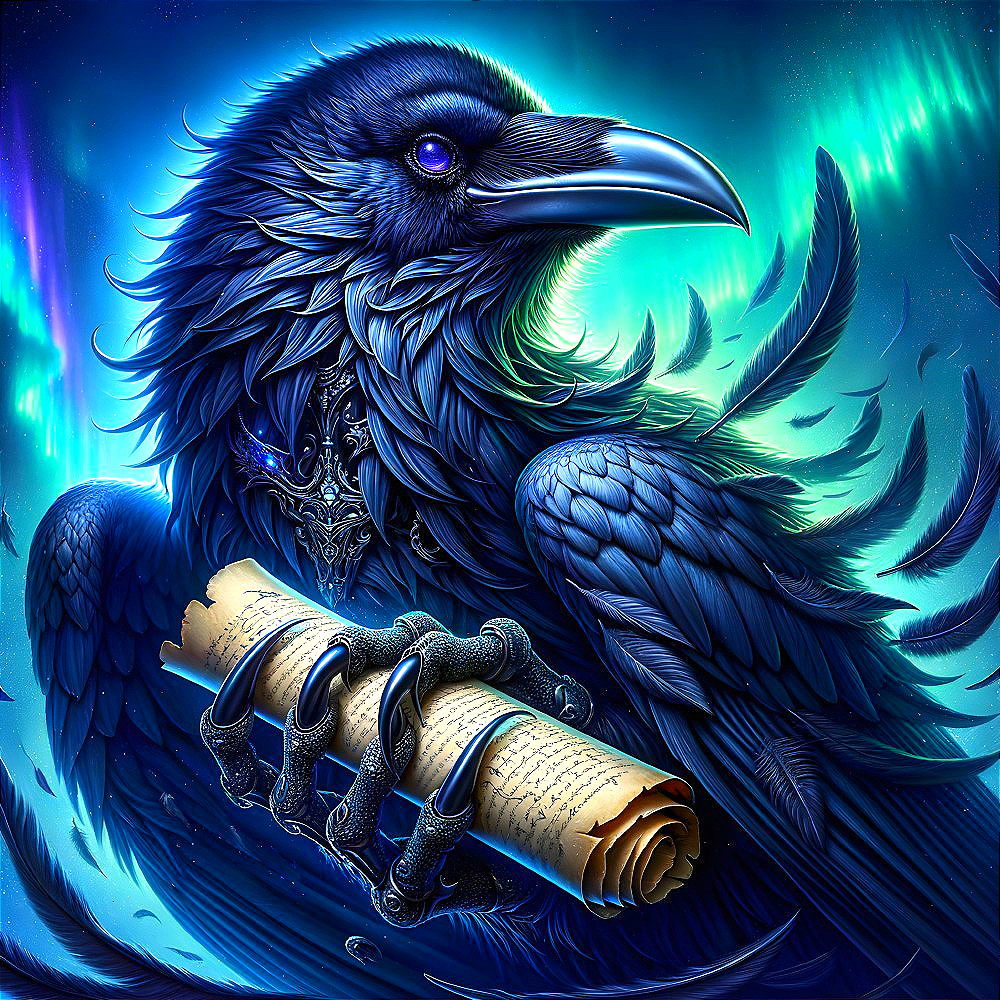 Raven Holding Scroll with Key in Luminous Background