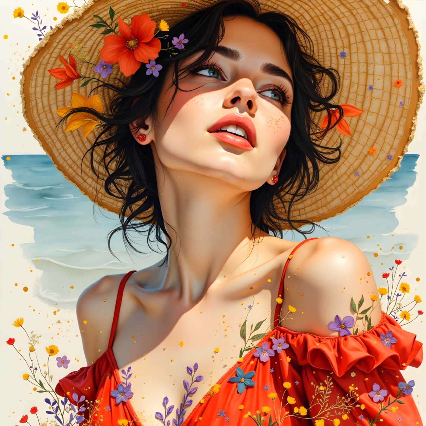 Young woman in red dress at a beach with flowers