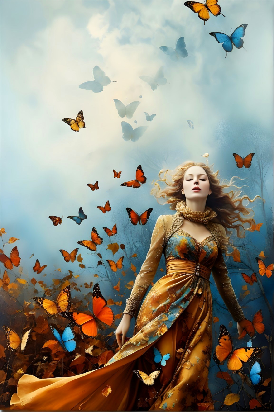 Serene Figure Surrounded by Colorful Butterflies
