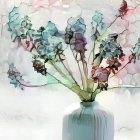 Watercolor Scene with Blue Vase and Colorful Leaves