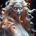 White Owl on Branch with Purple Eyes and Pink Buds