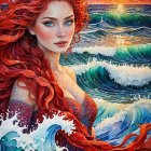 Mosaic Illustration of a Serene Mermaid at Sunset