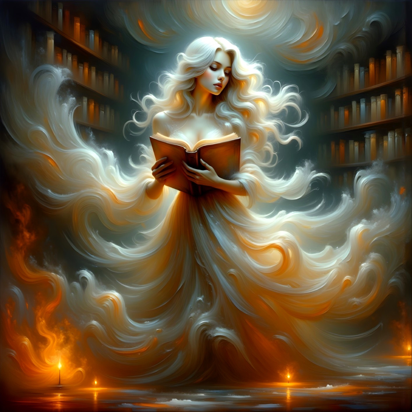 Ethereal Figure in Magical Library with Candles