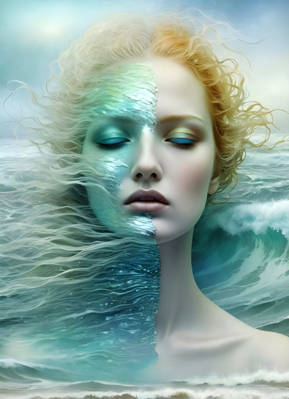 Surreal Fusion of Woman's Face and Ocean Waves