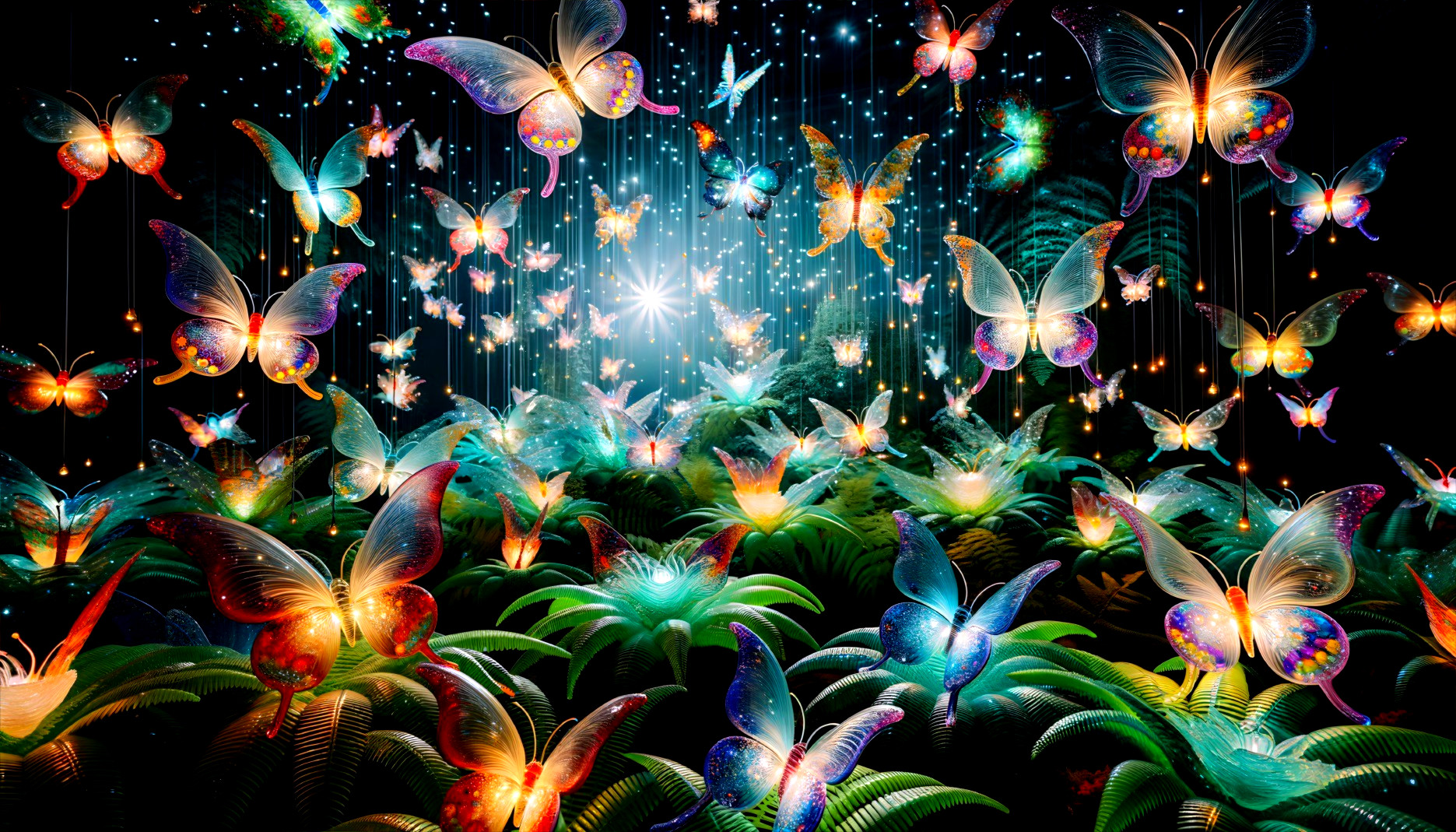 Vibrant Scene of Glowing Butterflies in Lush Greenery