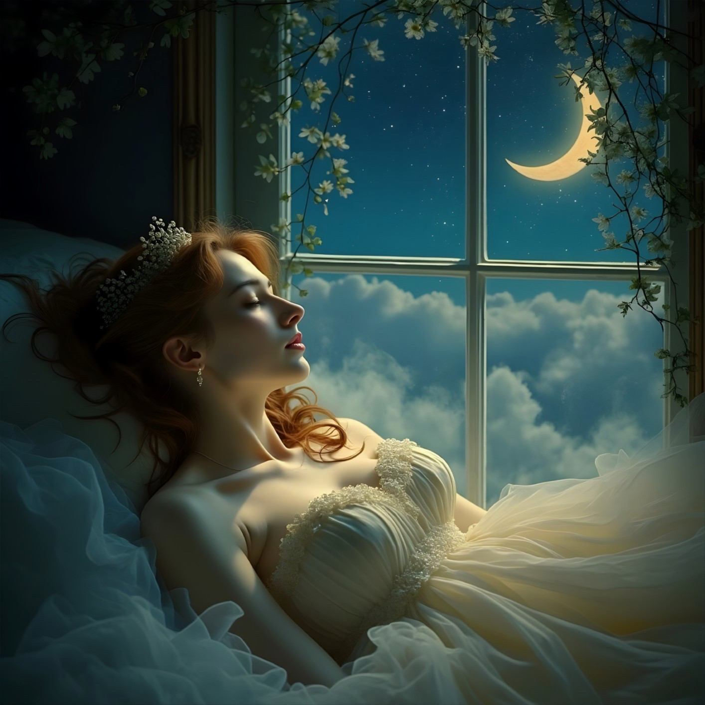 Young Woman in Flowing Gown by Moonlit Window