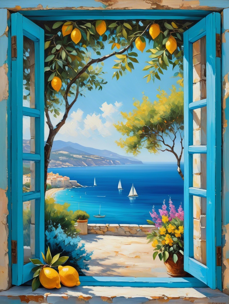 Seaside Landscape Through Rustic Window Frame
