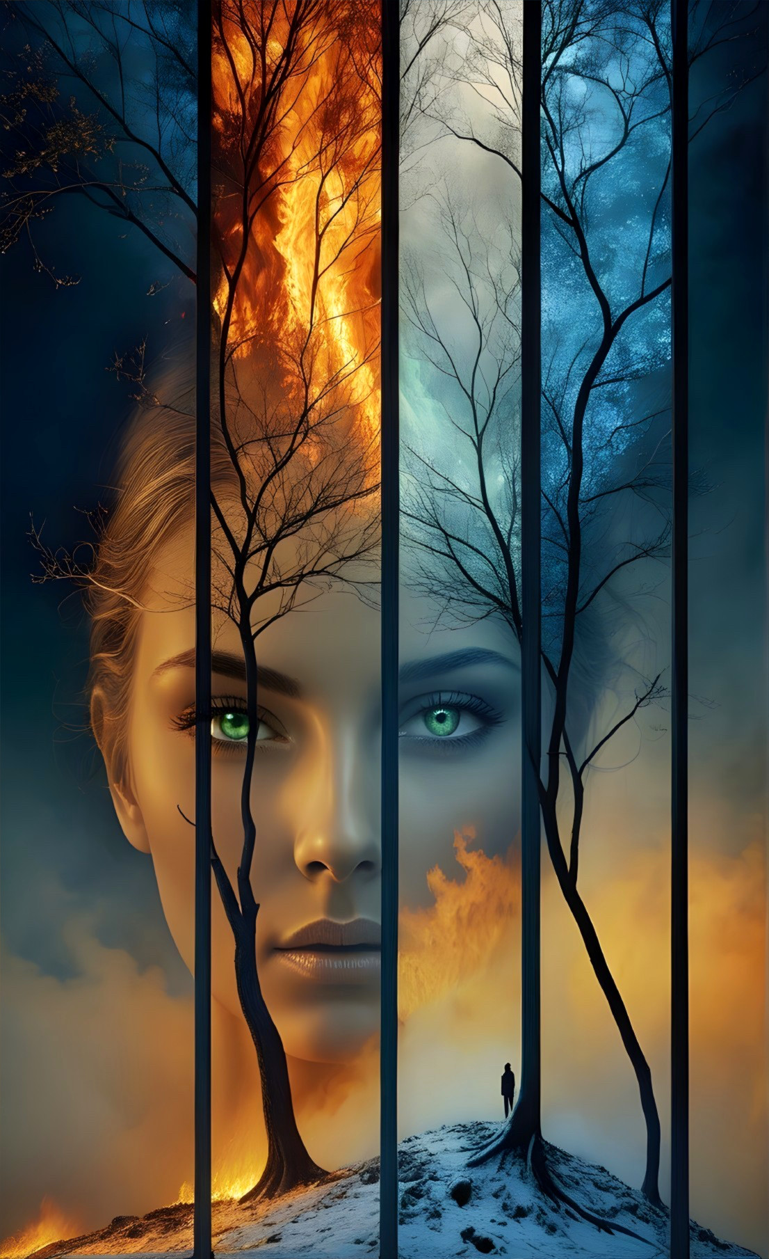 Surreal Scene of Contrasting Fire and Ice Elements