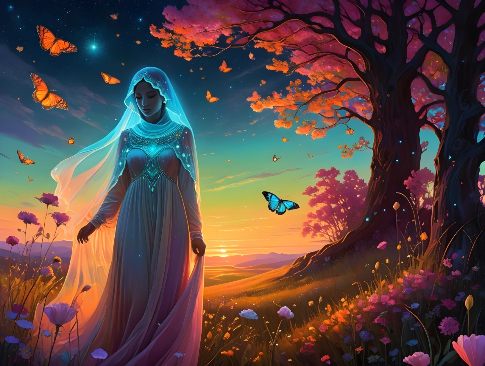 Mystical Maiden in Twilight Landscape with Butterflies