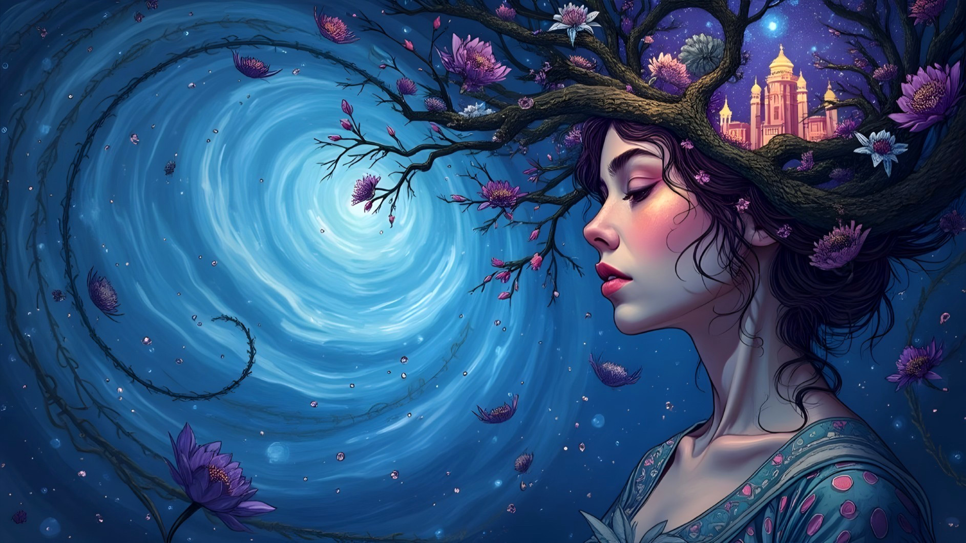Woman in a dreamlike setting with blue vortex and blossoms