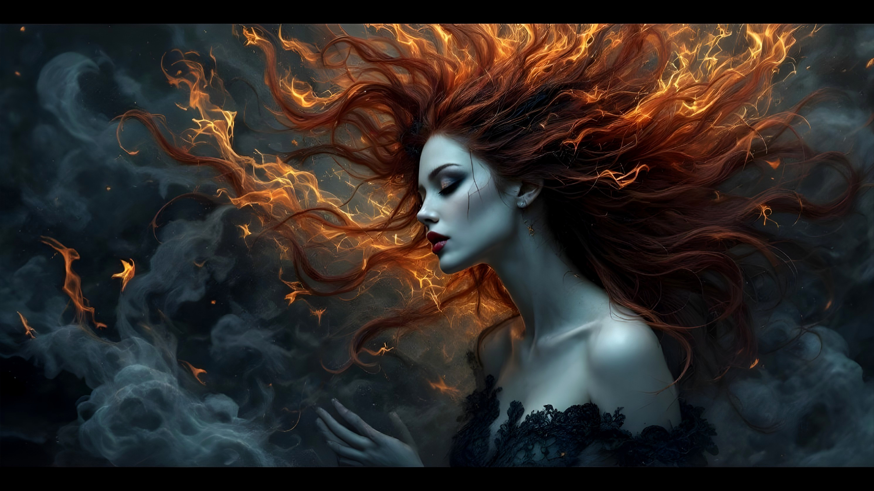 Portrait of a woman with red hair and dark attire