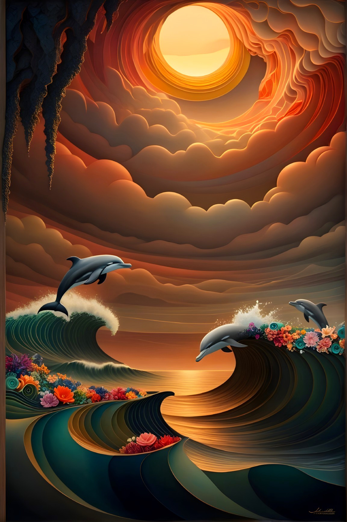 Vibrant Sunset with Dolphins and Colorful Waves