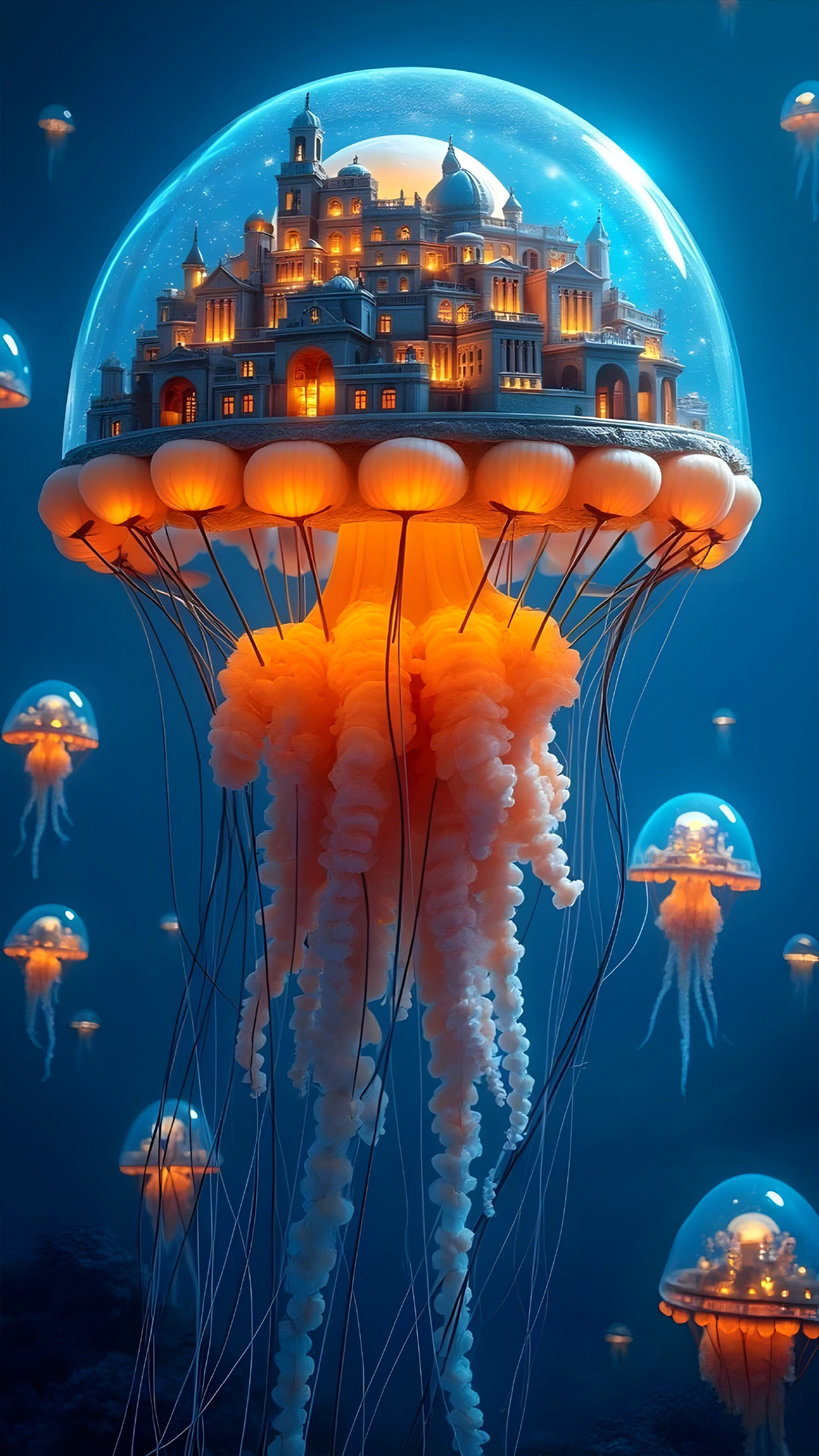 Surreal Underwater Scene with Jellyfish and Castle