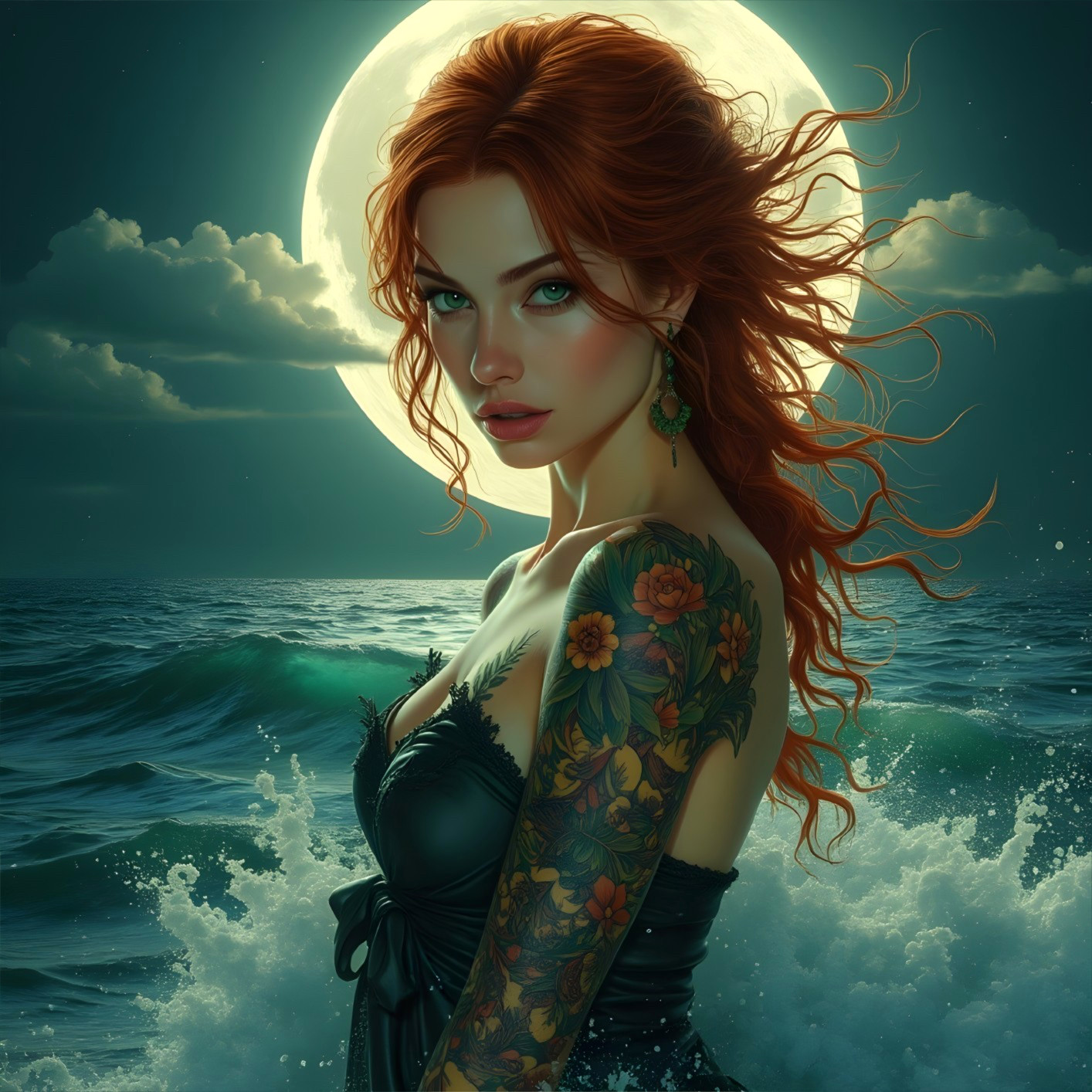 Woman by the Ocean Under a Full Moon at Night