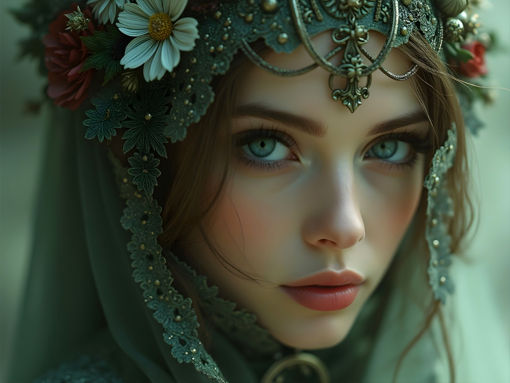 Young Woman with Blue Eyes and Floral Headpiece