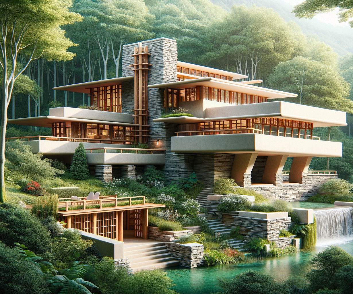 Contemporary multi-level house with stone and wood features in lush green setting