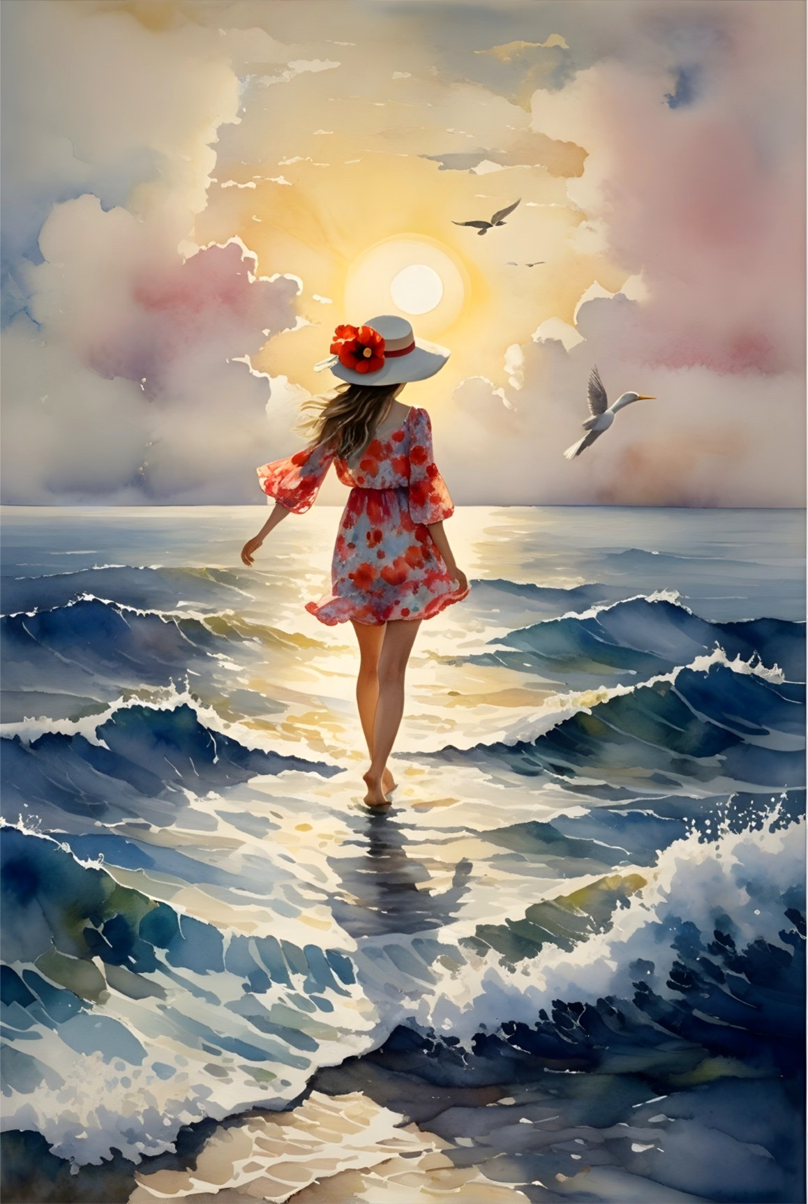 Woman in Floral Dress Walking on Shore at Sunset