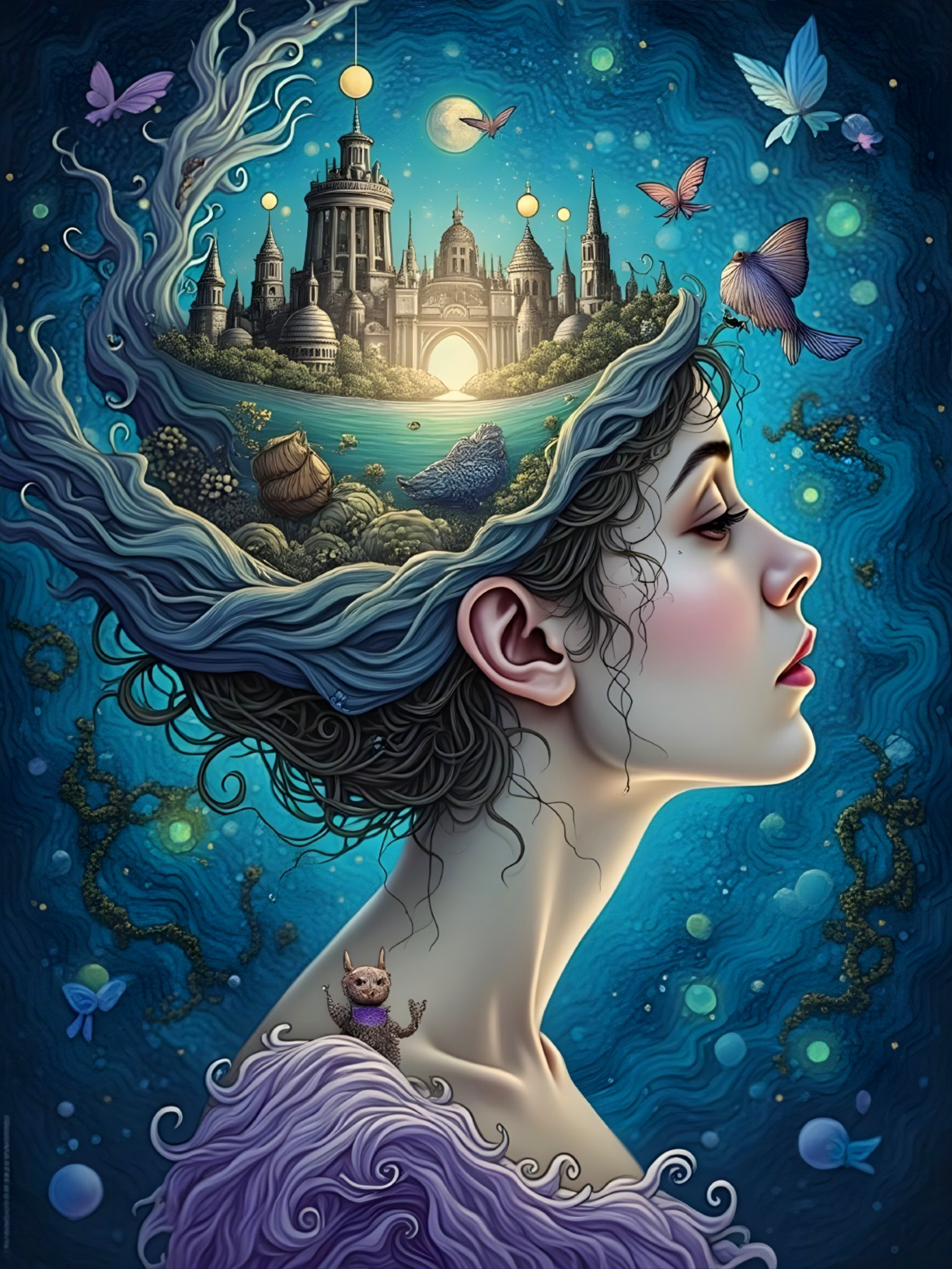 Profile of a Young Woman in a Dreamlike Landscape
