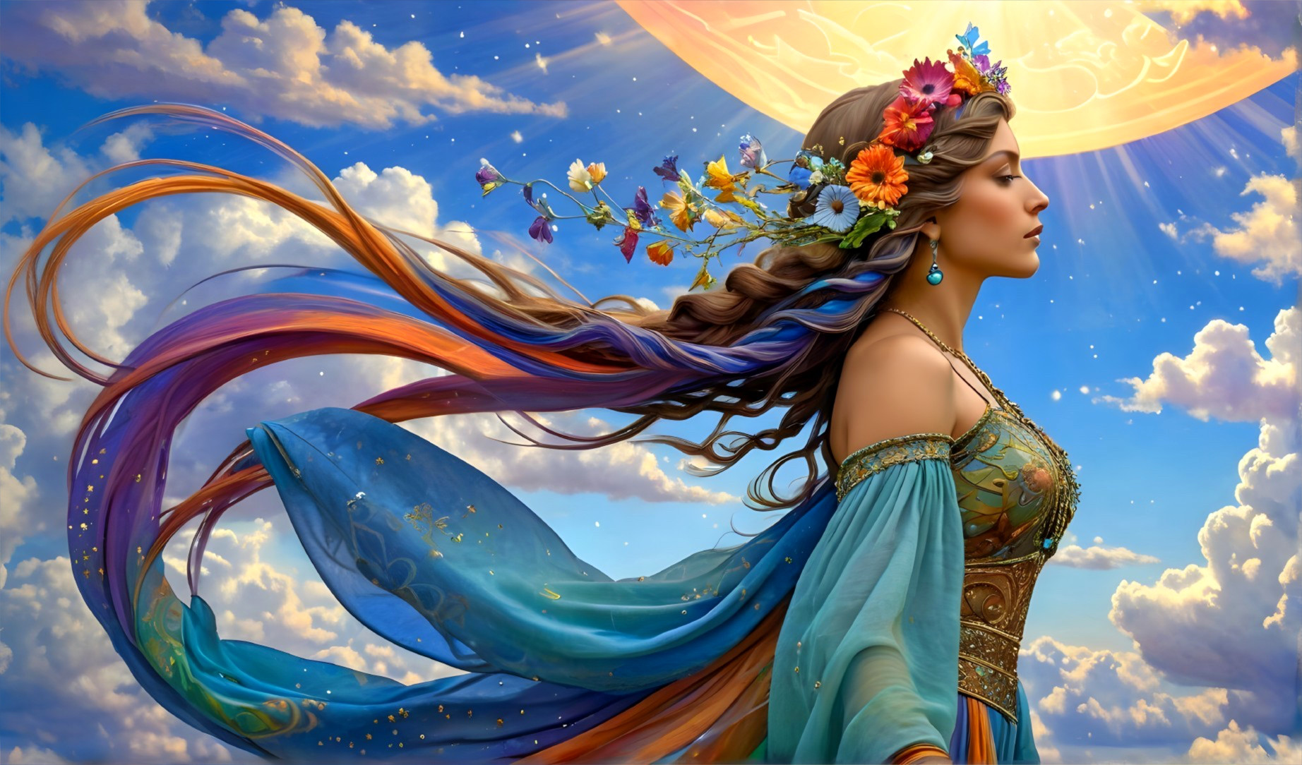 Serene Woman in Teal Gown Surrounded by Nature