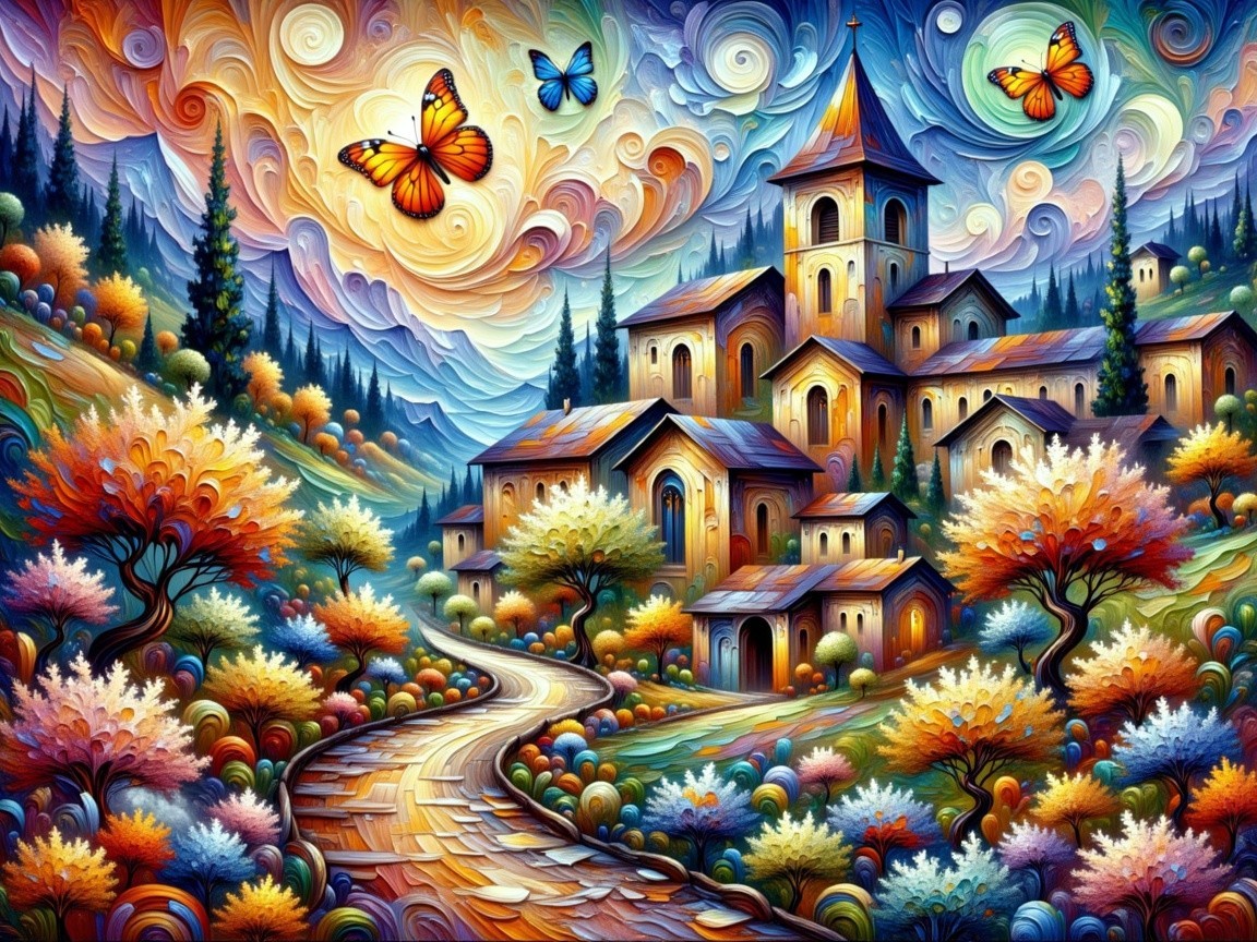Whimsical Village Landscape with Colorful Nature Elements