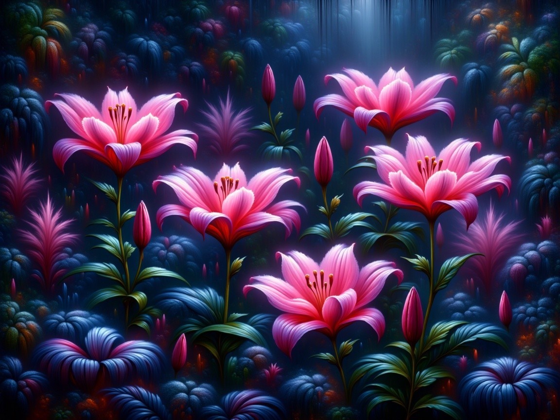 Lush Garden Scene with Pink Lilies and Colorful Foliage