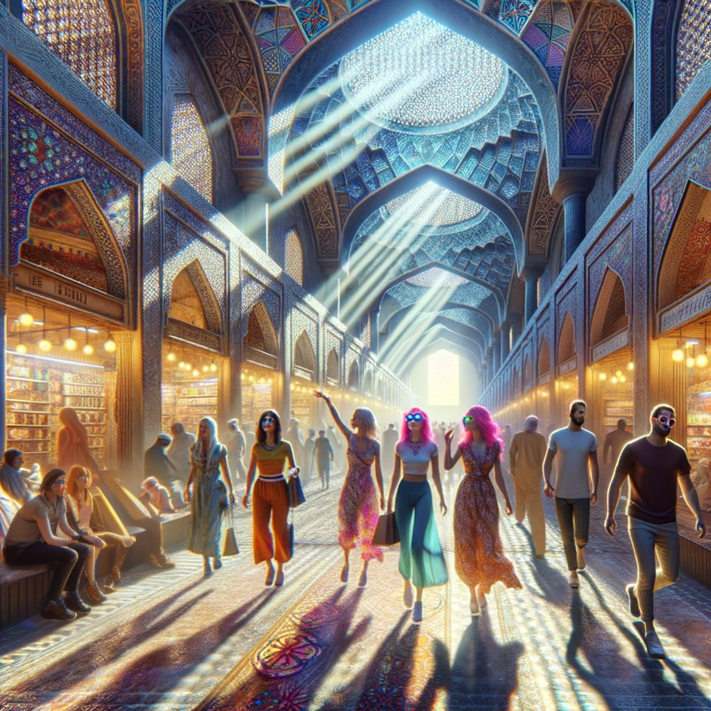 Vibrant Marketplace with Sunlit Arches and Diverse Crowds