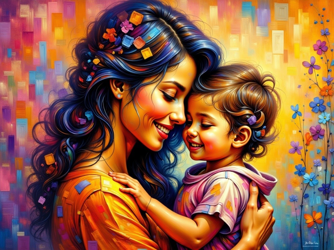 Colorful Painting of Mother and Child Embracing