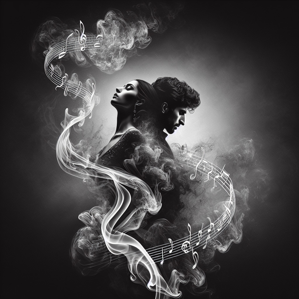 Black and white silhouettes with smoke and musical notes