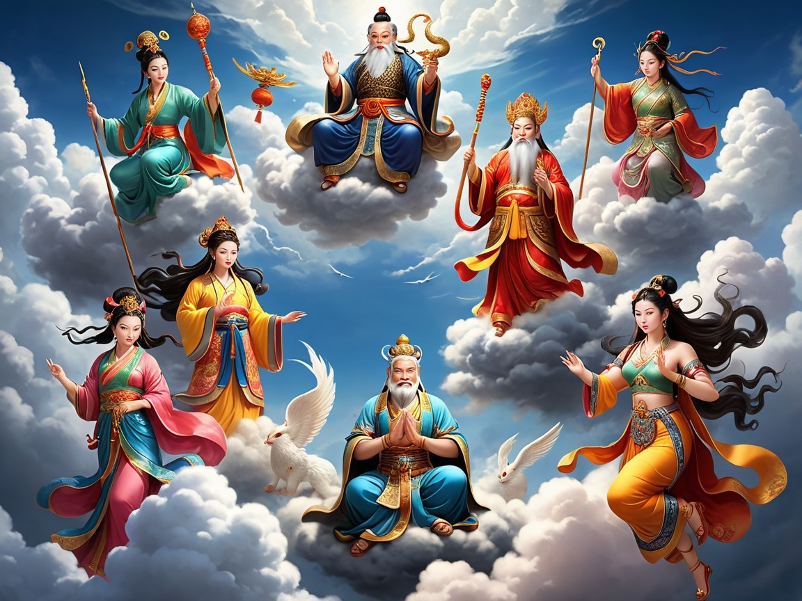 Celestial Gathering of Eight Divine Figures in Clouds