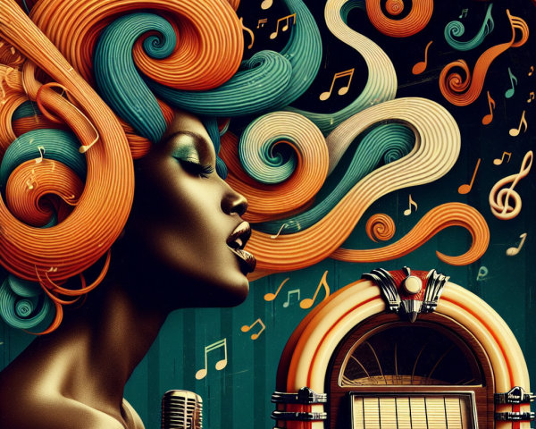 Woman with Colorful Hair and Musical Elements