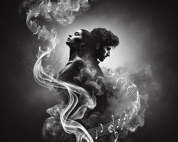 Black and white silhouettes with smoke and musical notes