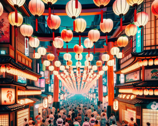 Vibrant Street Scene with Lanterns and Colorful Storefronts