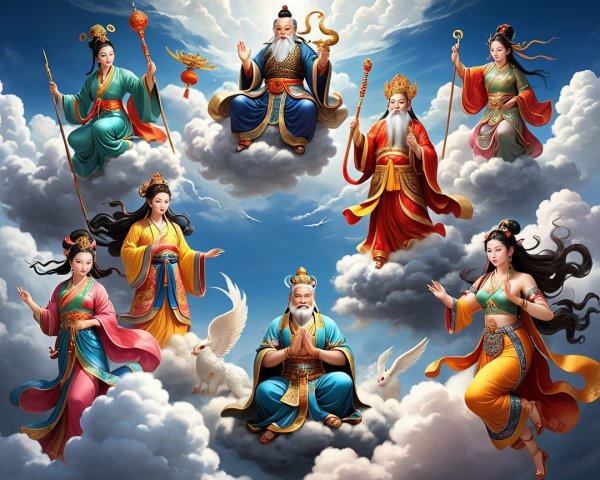 Celestial Gathering of Eight Divine Figures in Clouds